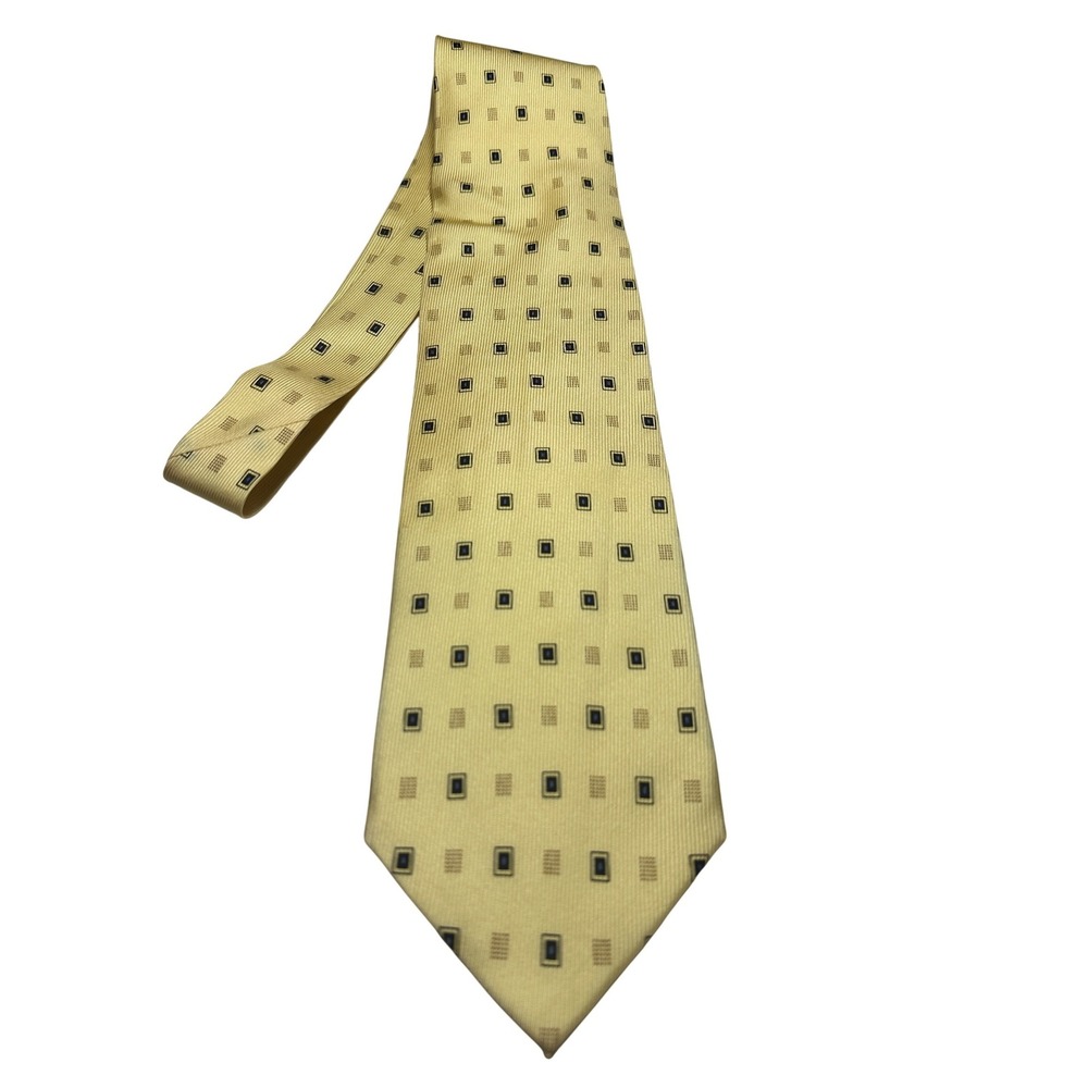Vintage Di Moggio Mens Silk Necktie Yellow Navy Blue‎ Geometric Square Pattern